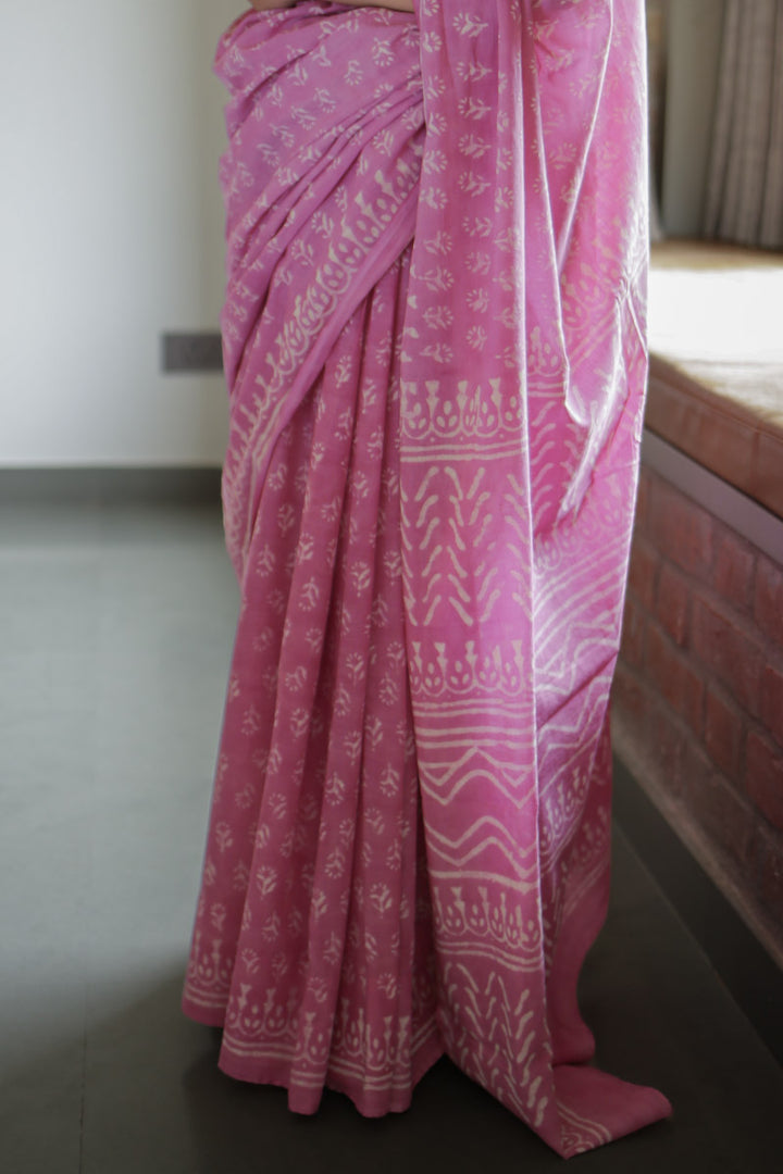 Dusty Pink Hand Block Print Mulmul Cotton Saree
