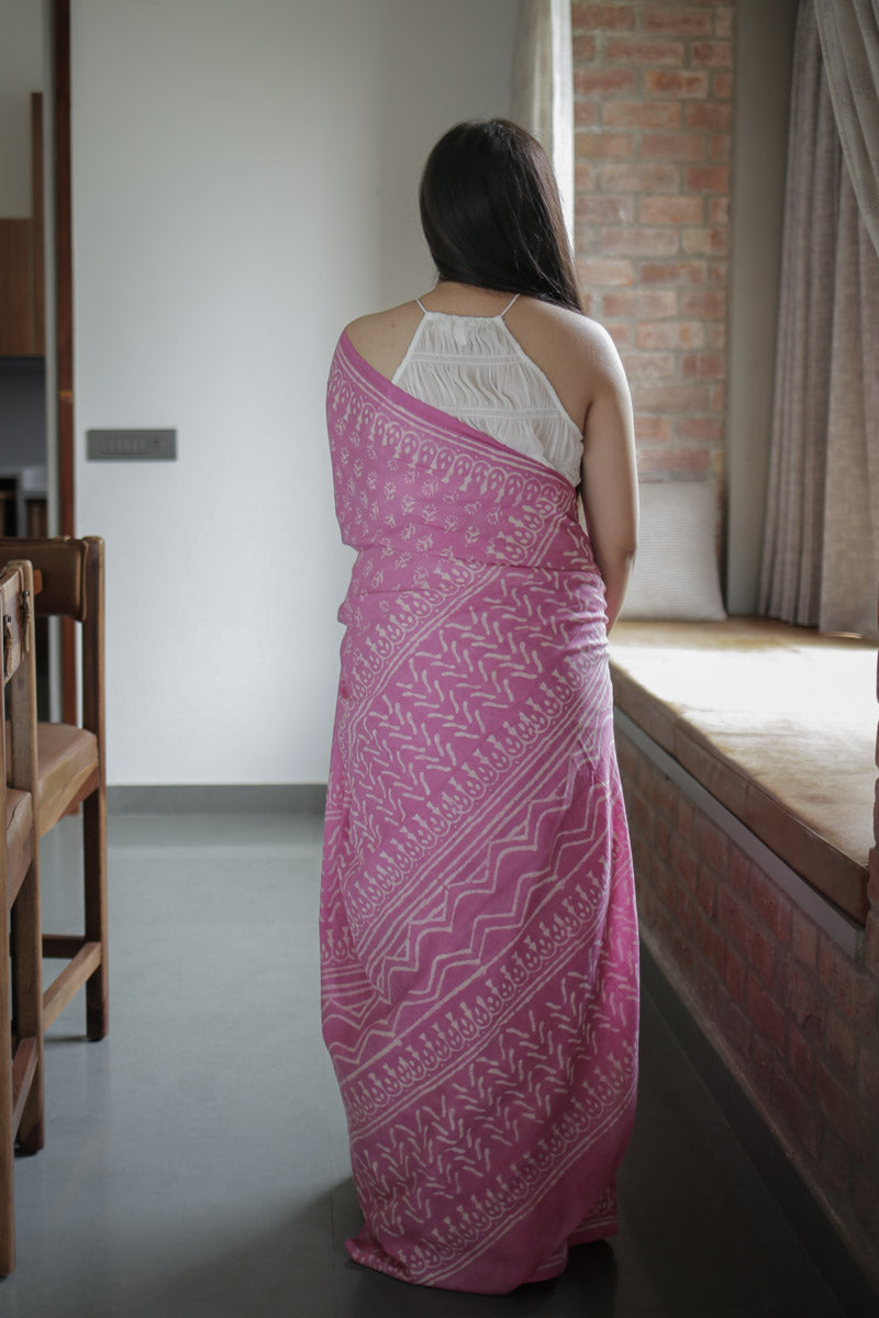 Dusty Pink Hand Block Print Mulmul Cotton Saree