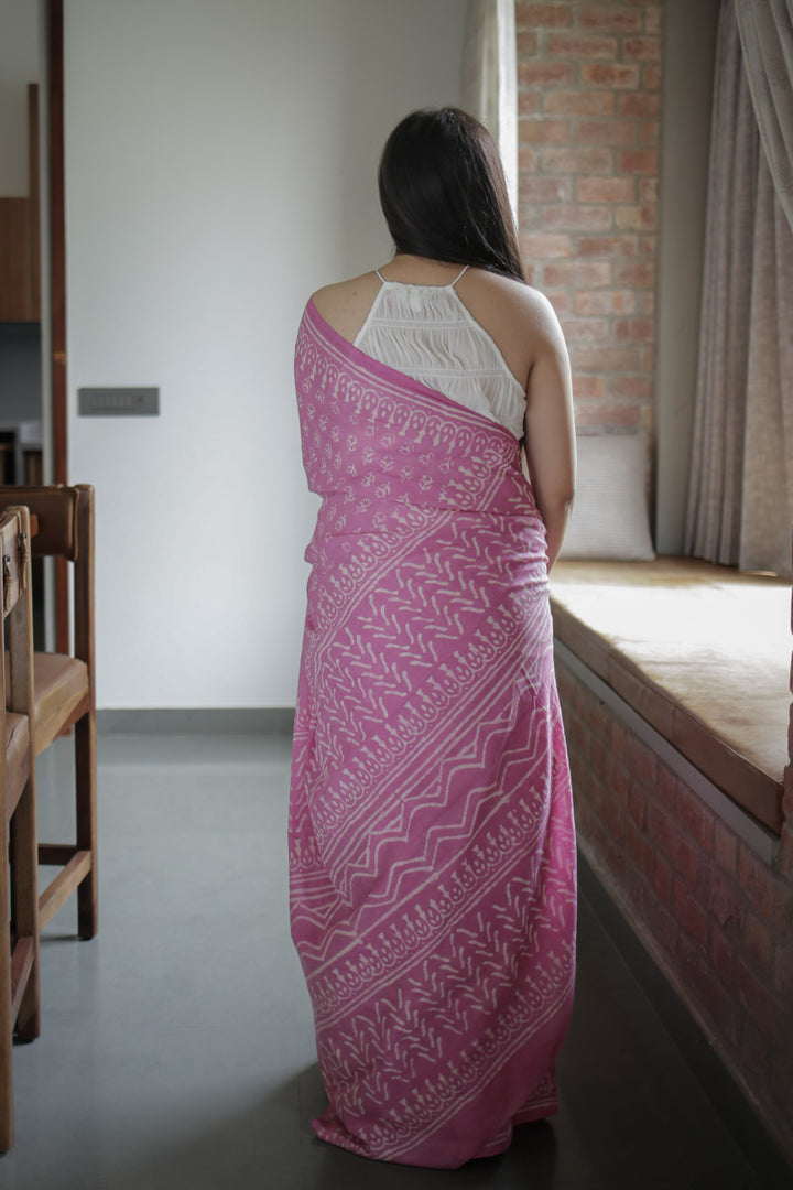 Dusty Pink Hand Block Print Mulmul Cotton Saree