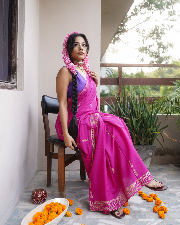 Gulabi - Mulmul Cotton Block Print Pink Saree