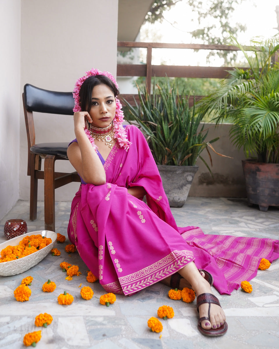 Gulabi - Mulmul Cotton Block Print Pink Saree