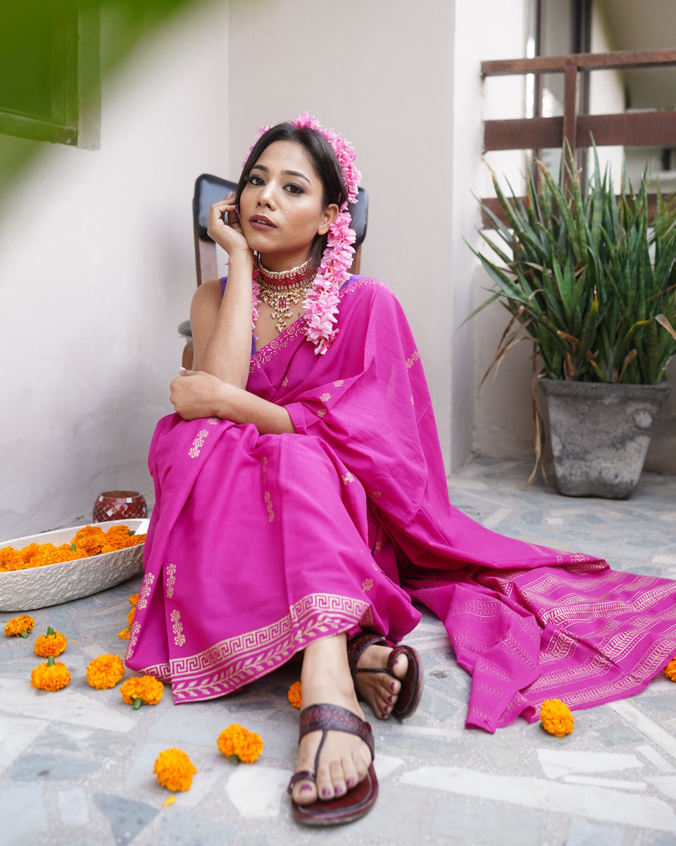 Gulabi - Mulmul Cotton Block Print Pink Saree