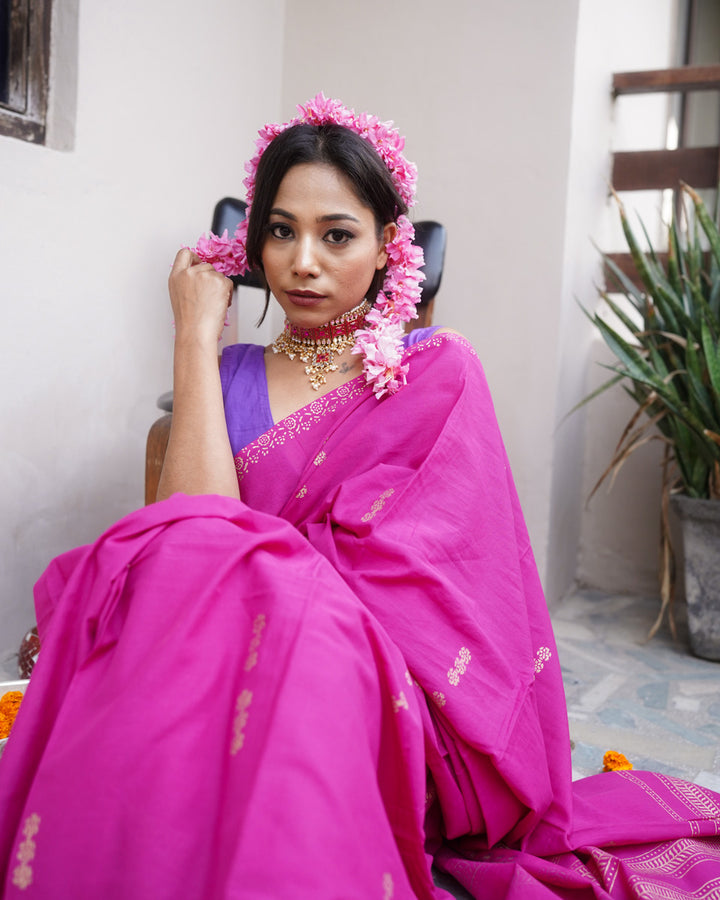 Gulabi - Mulmul Cotton Block Print Pink Saree