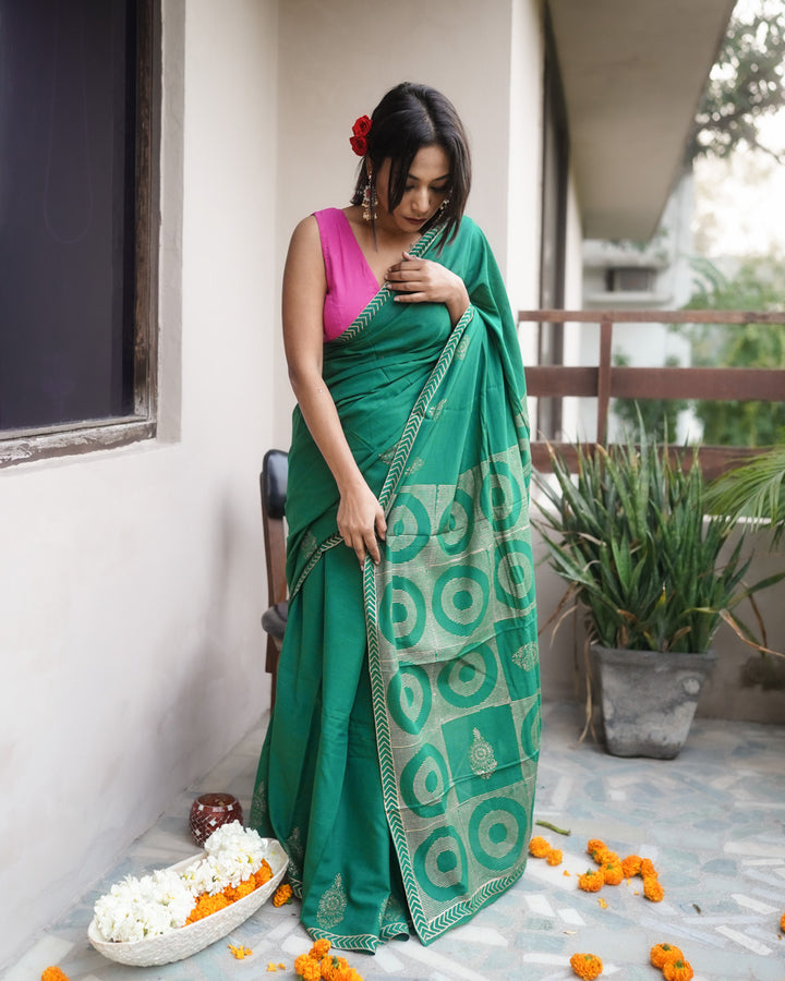 Aaranya - Mulmul Cotton Block Print Green Saree