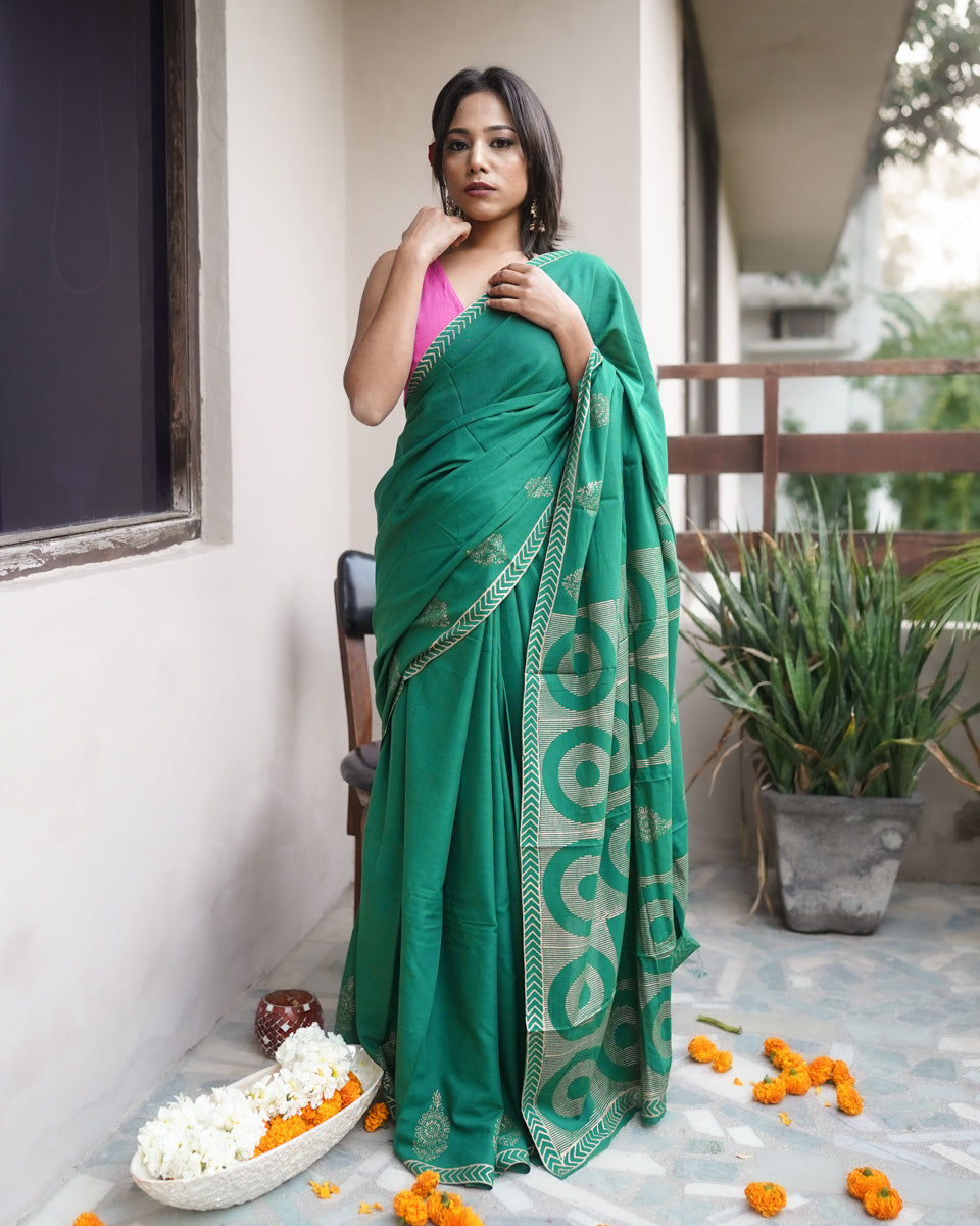 Aaranya - Mulmul Cotton Block Print Green Saree