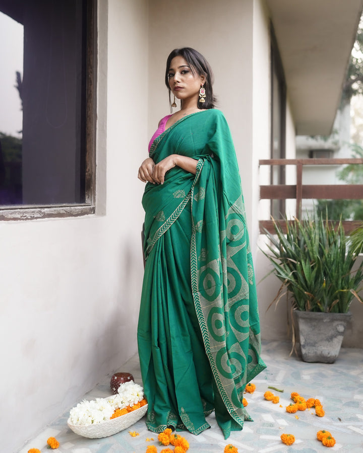 Aaranya - Mulmul Cotton Block Print Green Saree