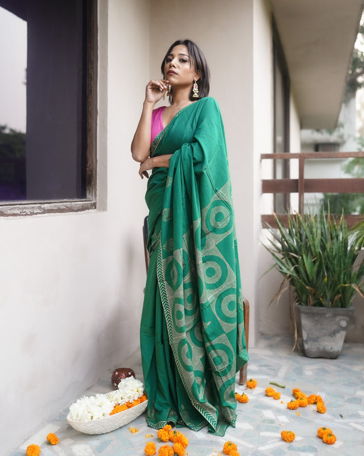 Aaranya - Mulmul Cotton Block Print Green Saree