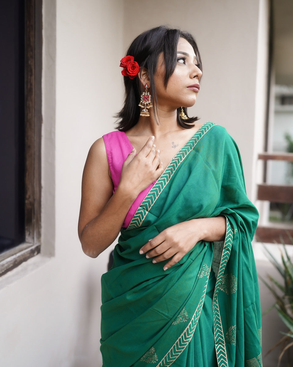 Aaranya - Mulmul Cotton Block Print Green Saree