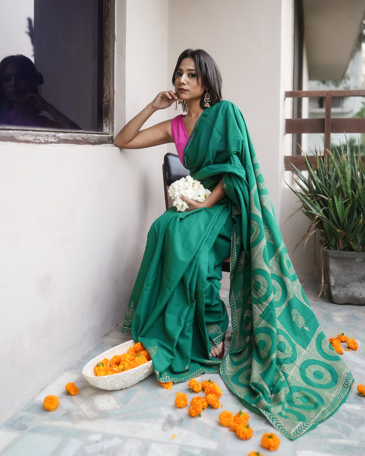 Aaranya - Mulmul Cotton Block Print Green Saree