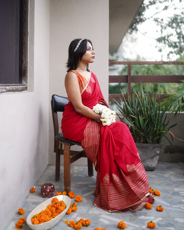 Lalima - Mulmul Cotton Block Print Red Saree