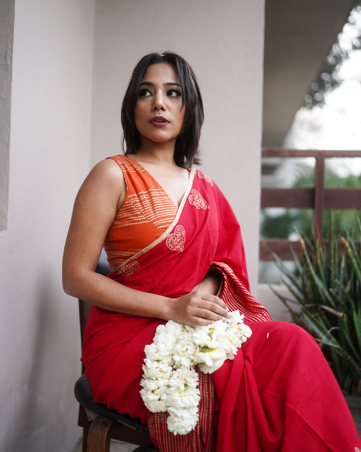 Lalima - Mulmul Cotton Block Print Red Saree