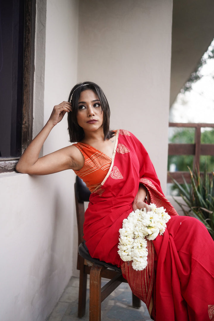 Lalima - Mulmul Cotton Block Print Red Saree