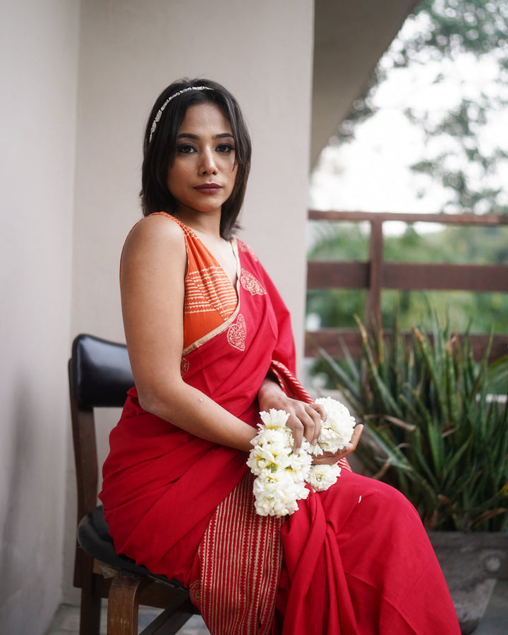 Lalima - Mulmul Cotton Block Print Red Saree