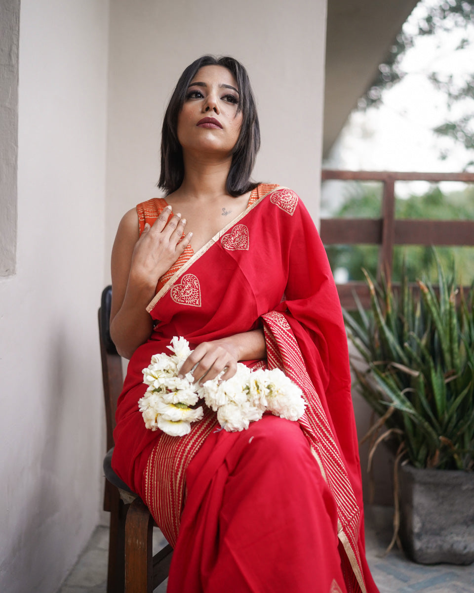 Lalima - Mulmul Cotton Block Print Red Saree