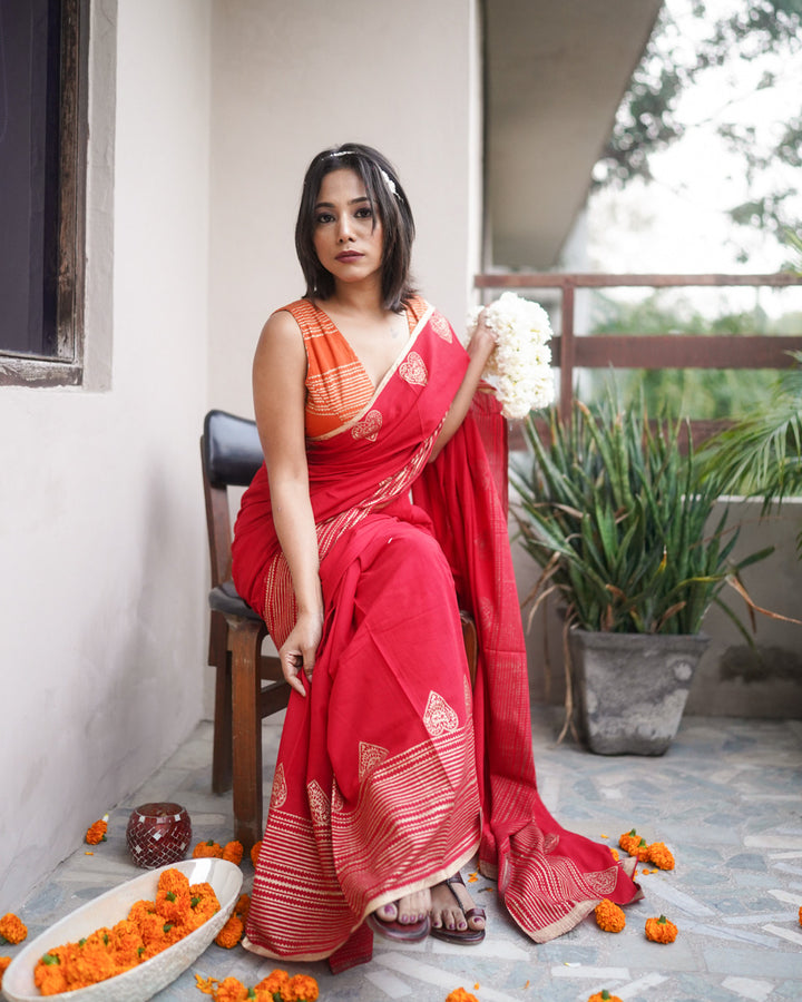 Lalima - Mulmul Cotton Block Print Red Saree