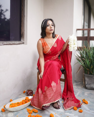 Lalima - Mulmul Cotton Block Print Red Saree