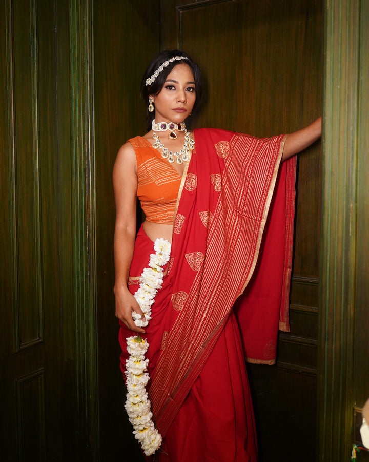 Lalima - Mulmul Cotton Block Print Red Saree