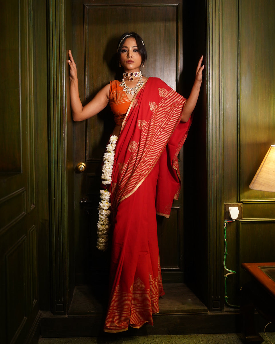 Lalima - Mulmul Cotton Block Print Red Saree