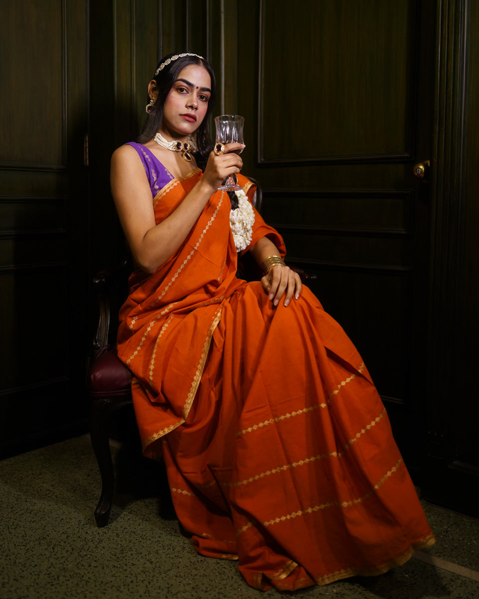 Kesar - Mulmul Cotton Block Print Orange Saree