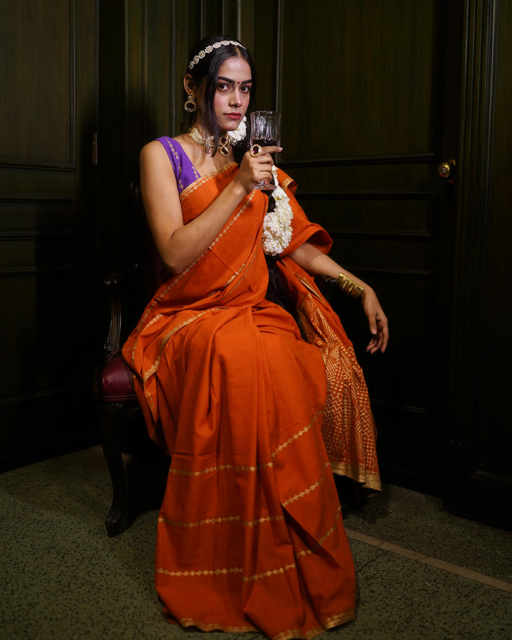 Kesar - Mulmul Cotton Block Print Orange Saree