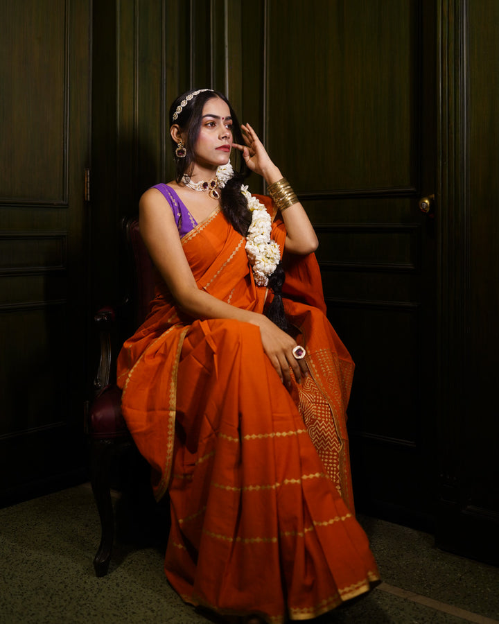 Kesar - Mulmul Cotton Block Print Orange Saree