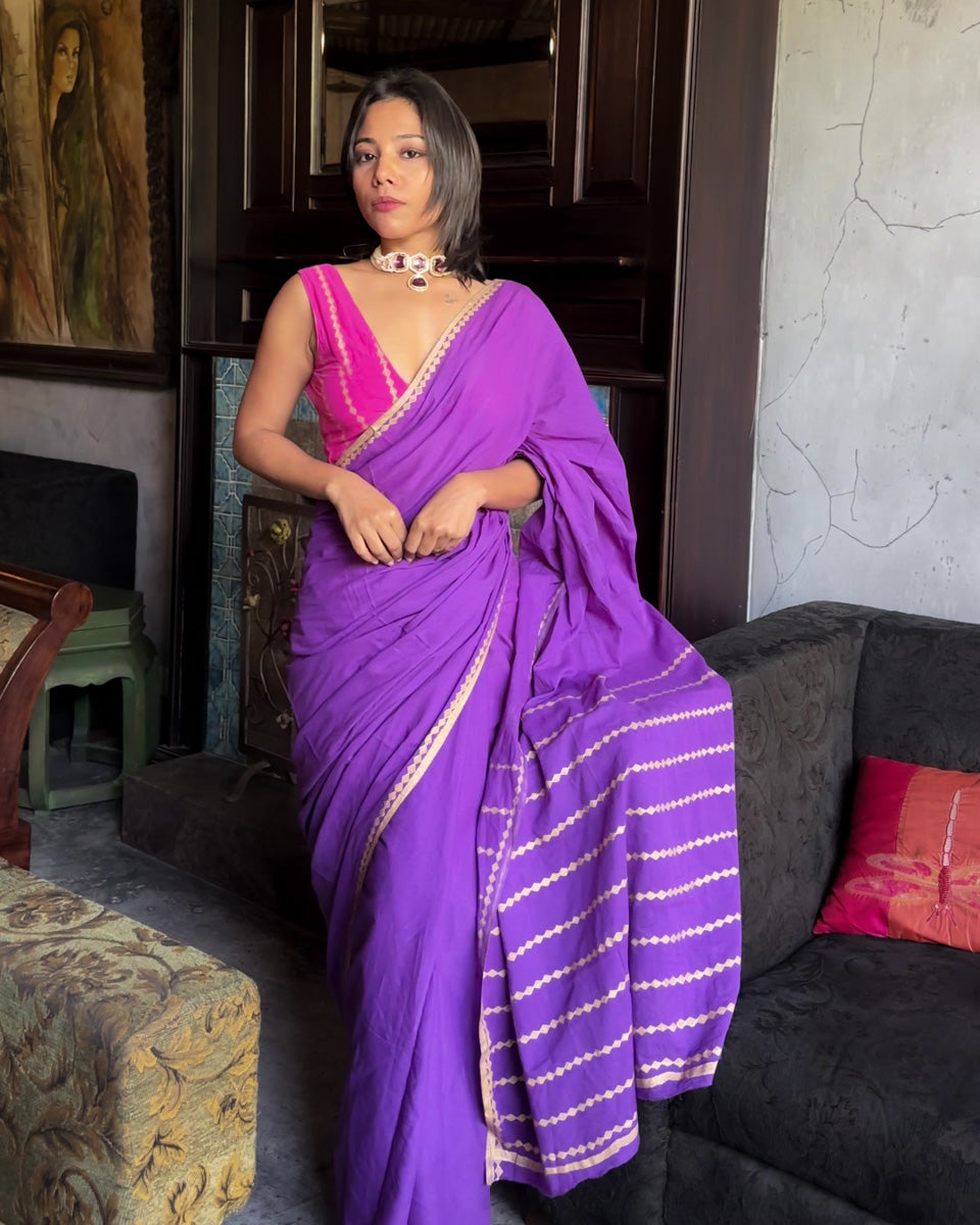 Jamuni - Mulmul Cotton Block Print Purple Saree