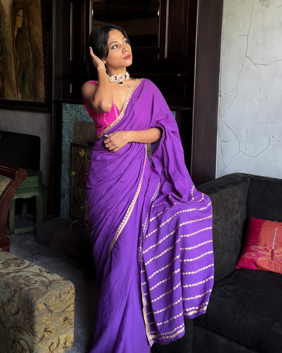 Jamuni - Mulmul Cotton Block Print Purple Saree