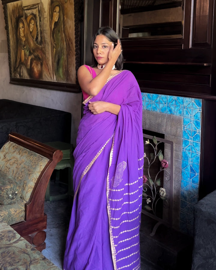 Jamuni - Mulmul Cotton Block Print Purple Saree