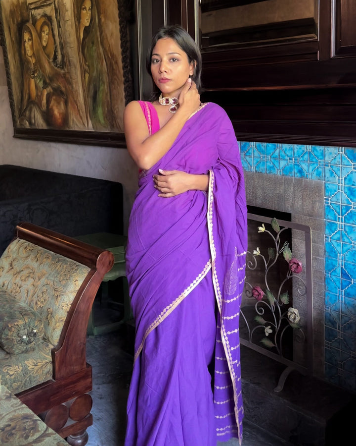 Jamuni - Mulmul Cotton Block Print Purple Saree