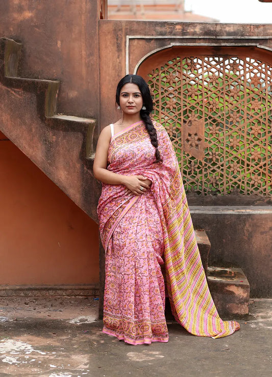 Sunflower Whispers - Hand Block Print Chanderi Silk Saree