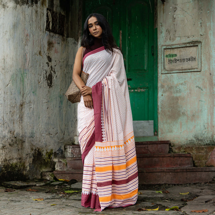 Sunset Hues - Mul Cotton Hand Block Printed Saree