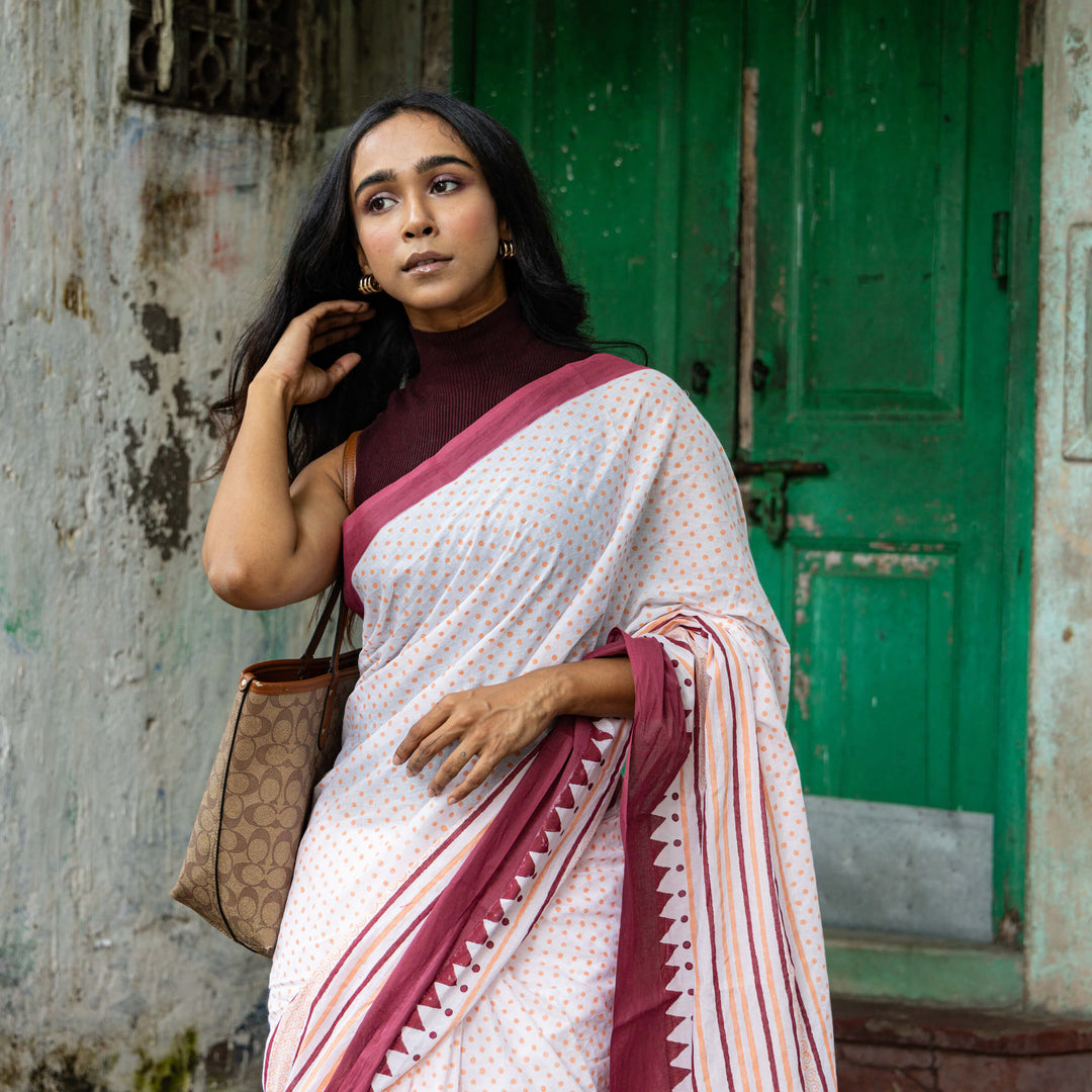 Sunset Hues - Mul Cotton Hand Block Printed Saree