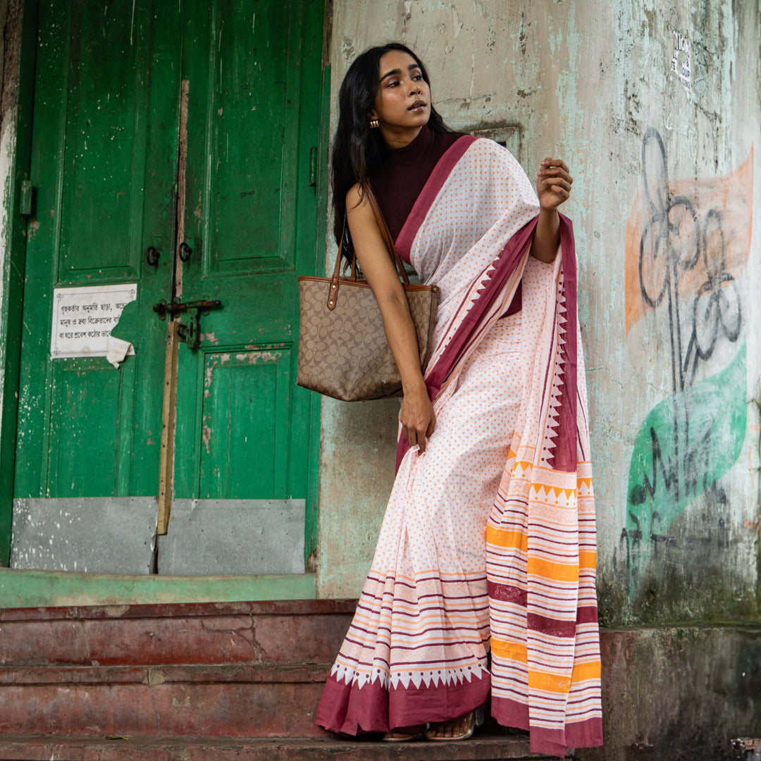 Sunset Hues - Mul Cotton Hand Block Printed Saree