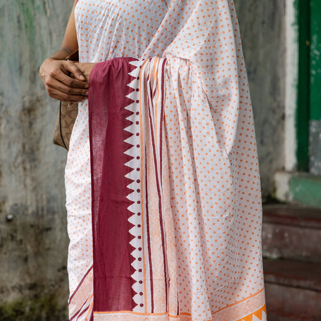 Sunset Hues - Mul Cotton Hand Block Printed Saree