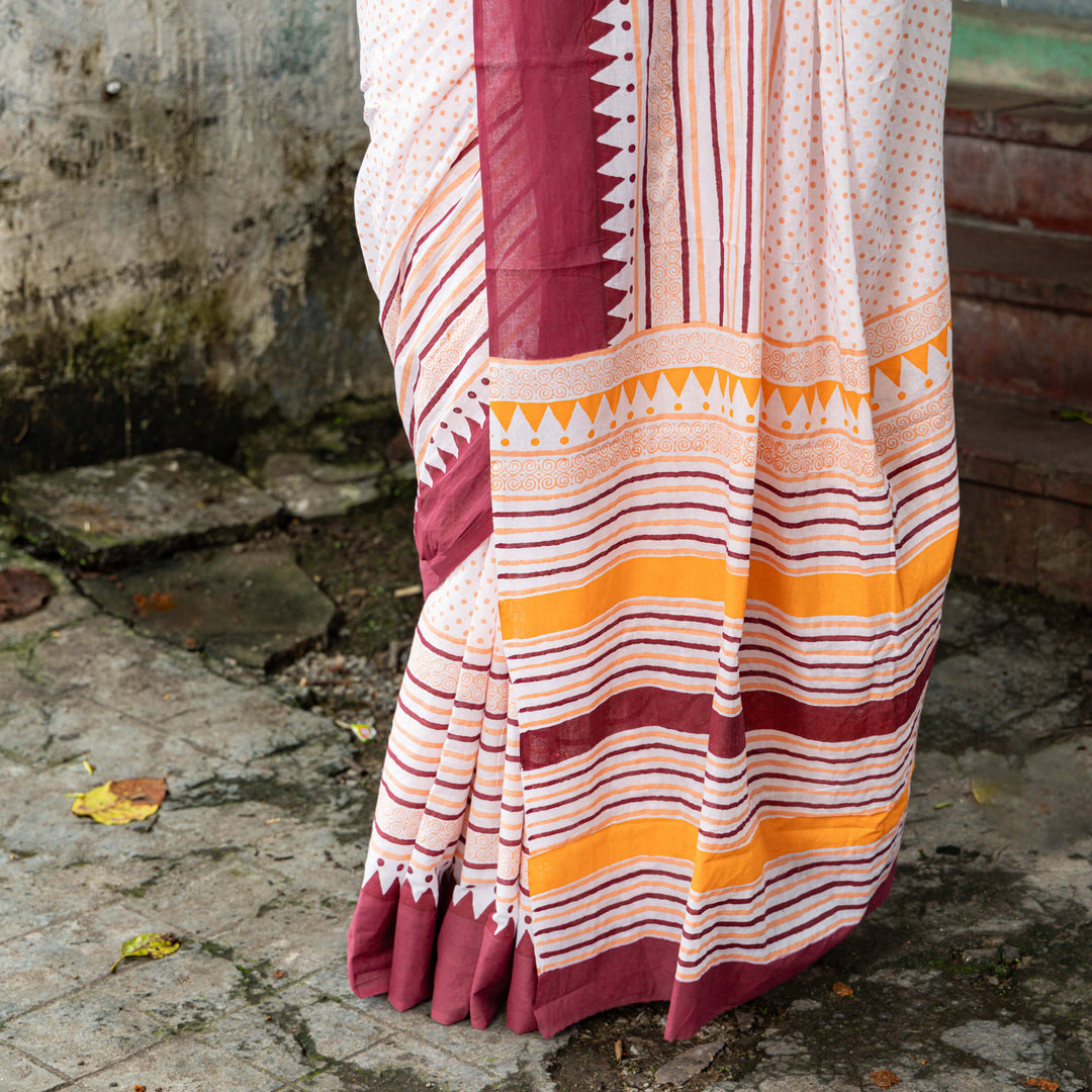 Sunset Hues - Mul Cotton Hand Block Printed Saree