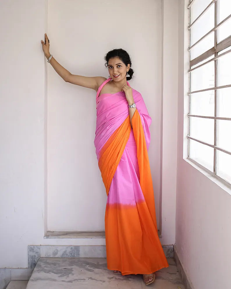 Tangerine and Pink - Hand Dyed Mulmul Cotton Saree