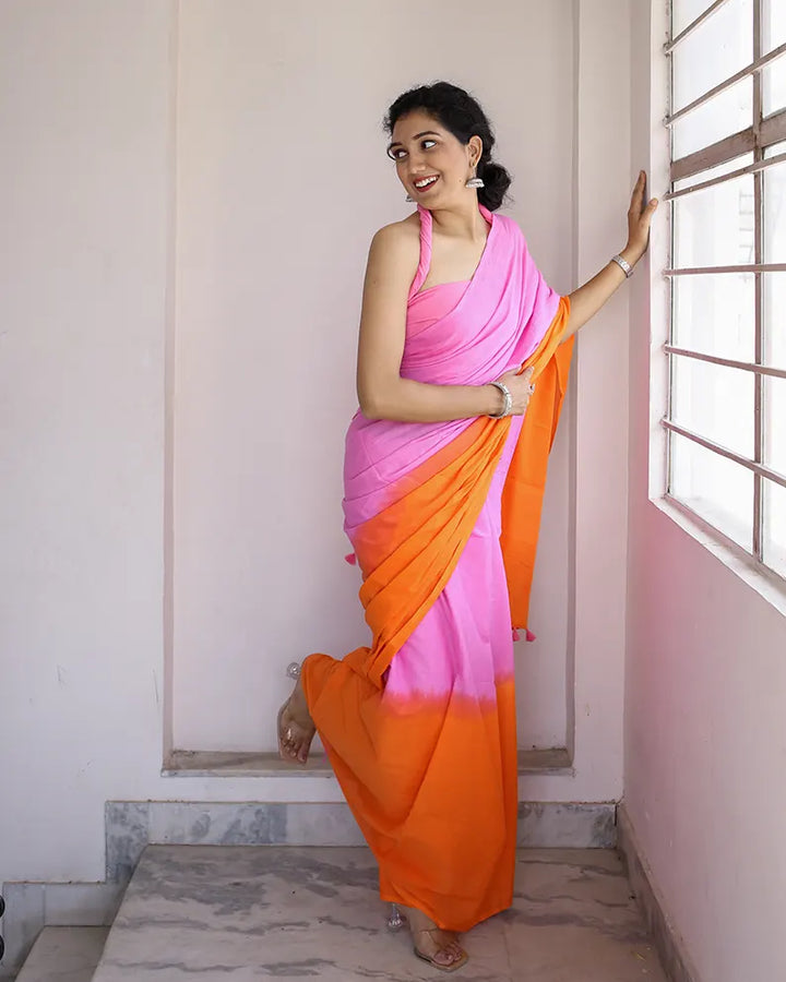 Tangerine and Pink - Hand Dyed Mulmul Cotton Saree