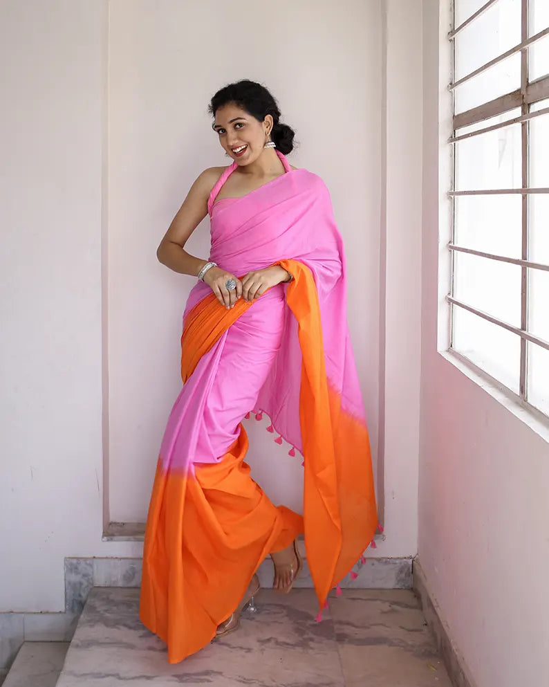 Tangerine and Pink - Hand Dyed Mulmul Cotton Saree