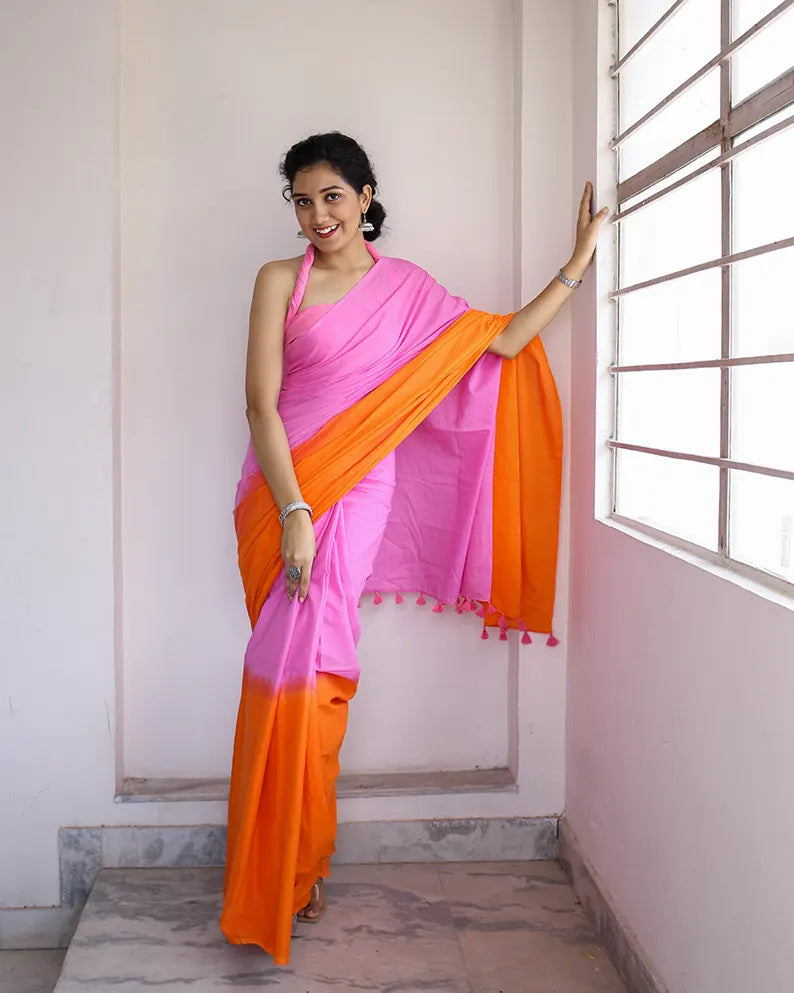 Tangerine and Pink - Hand Dyed Mulmul Cotton Saree