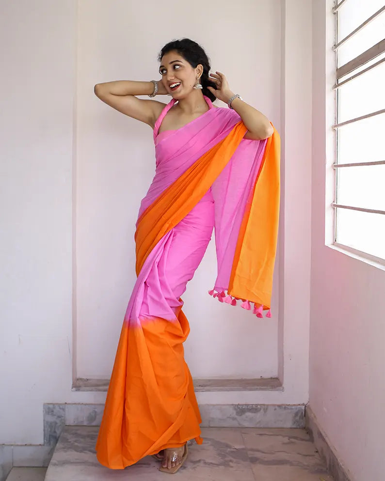 Tangerine and Pink - Hand Dyed Mulmul Cotton Saree