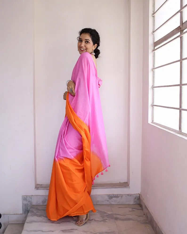 Tangerine and Pink - Hand Dyed Mulmul Cotton Saree