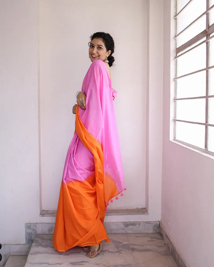 Tangerine and Pink - Hand Dyed Mulmul Cotton Saree