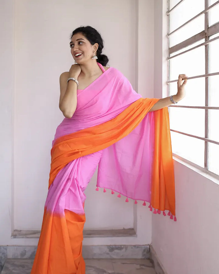 Tangerine and Pink - Hand Dyed Mulmul Cotton Saree