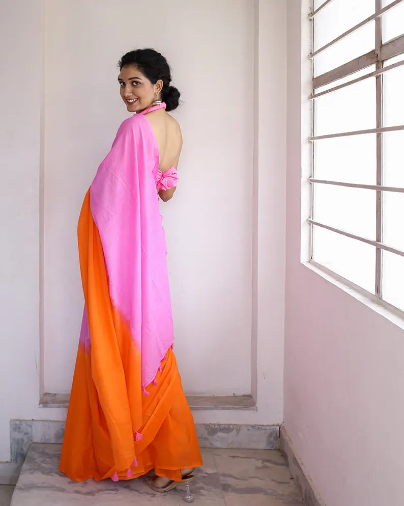 Tangerine and Pink - Hand Dyed Mulmul Cotton Saree