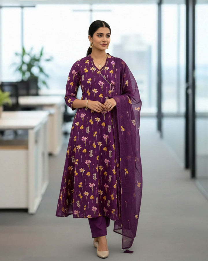 Tara Purple Floral Cotton Dupatta, Pant and Kurta Set
