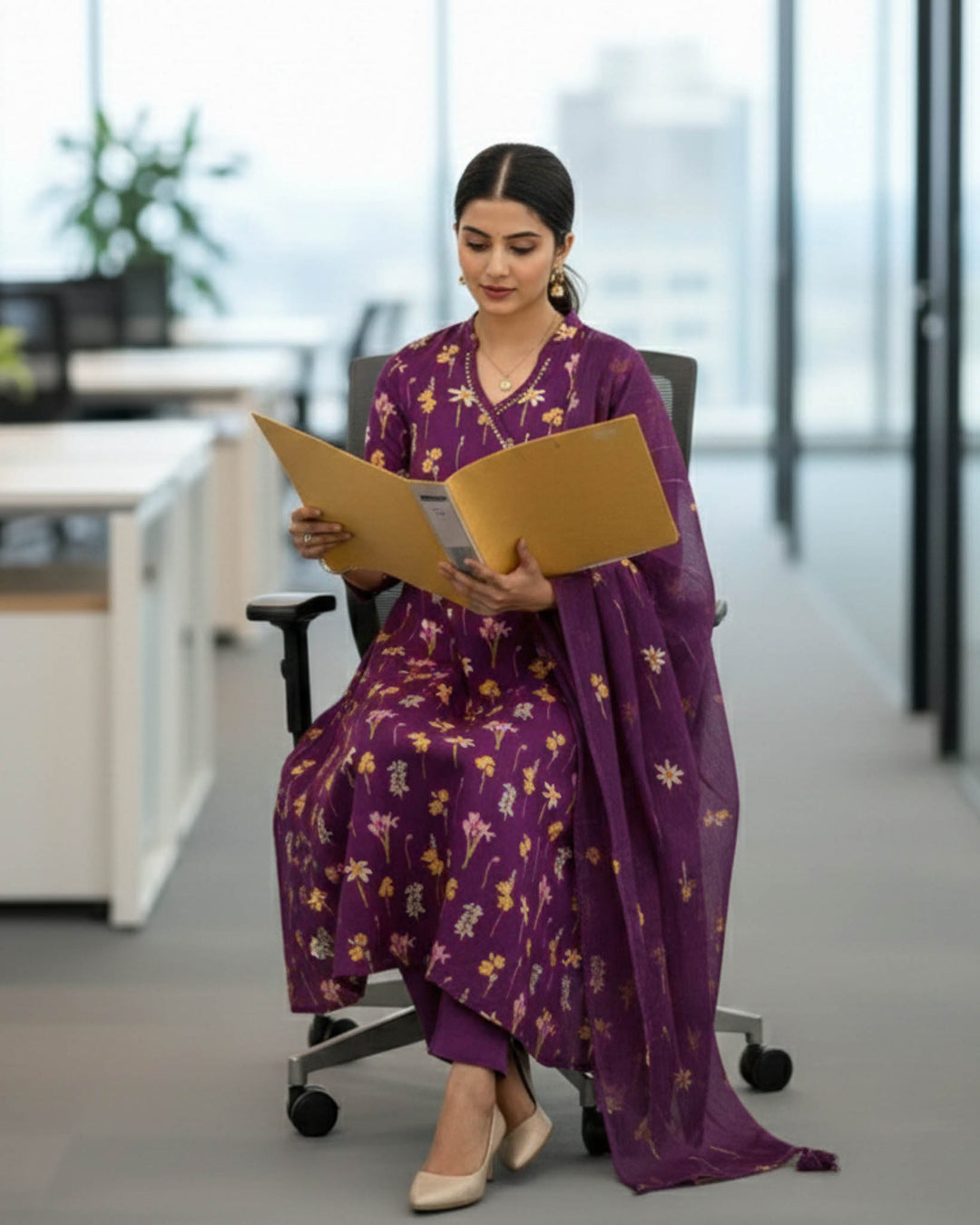 Tara Purple Floral Cotton Dupatta, Pant and Kurta Set