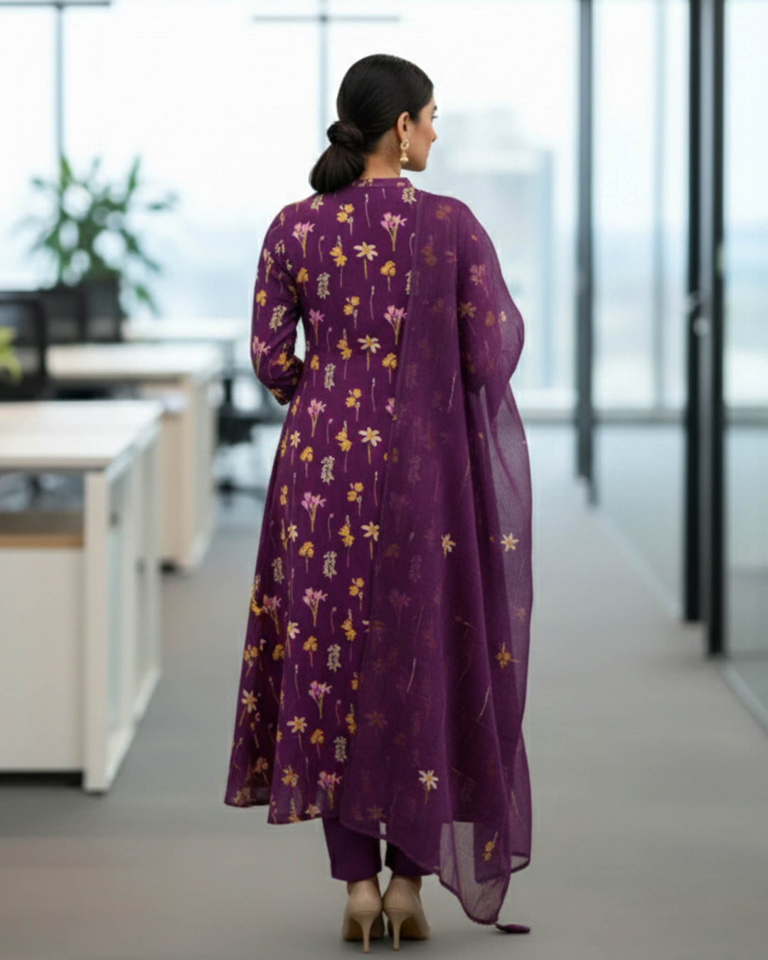 Tara Purple Floral Cotton Dupatta, Pant and Kurta Set
