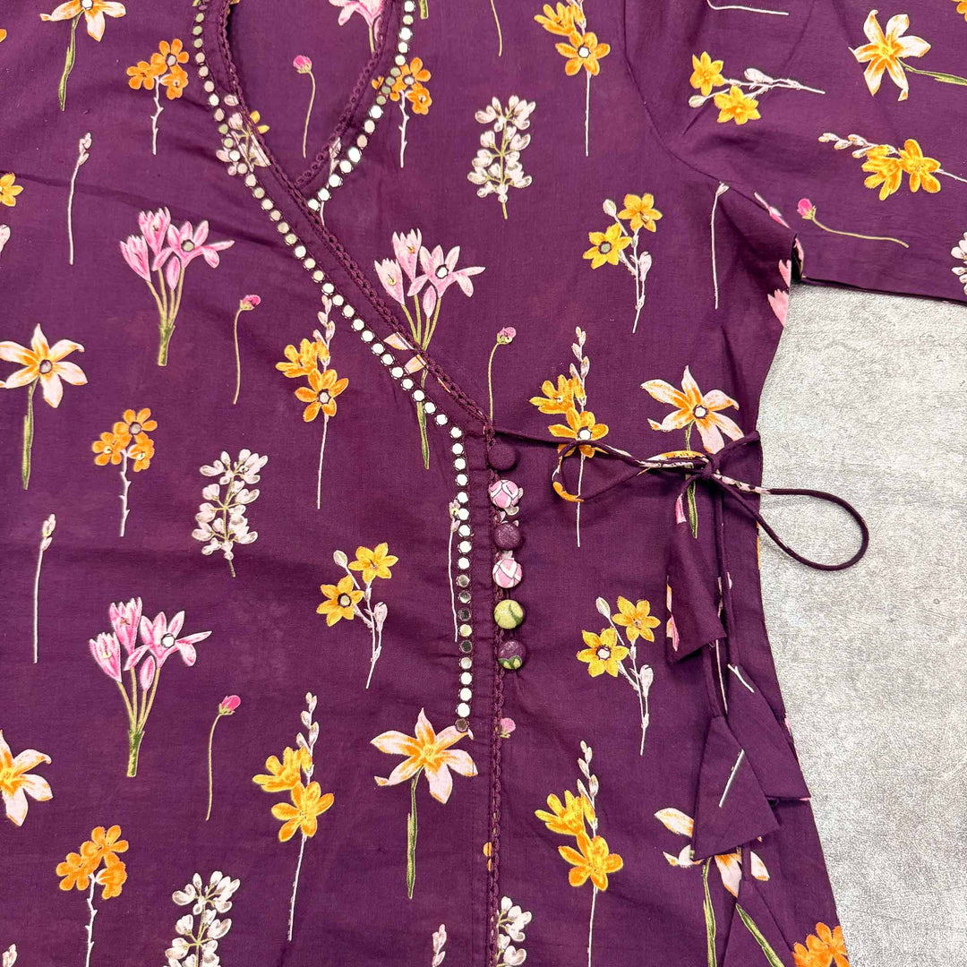 Tara Purple Floral Cotton Dupatta, Pant and Kurta Set