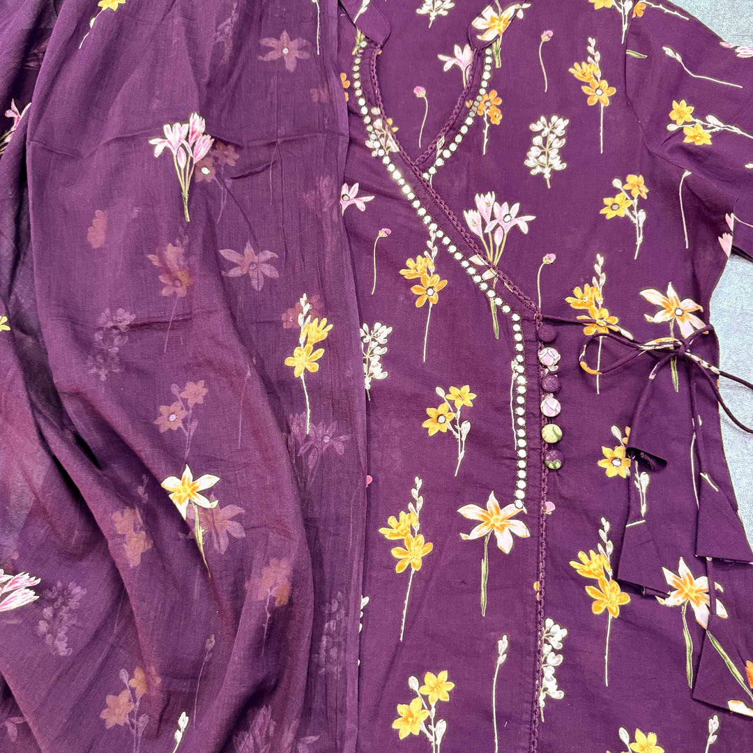 Tara Purple Floral Cotton Dupatta, Pant and Kurta Set
