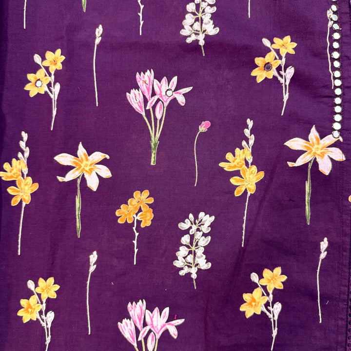 Tara Purple Floral Cotton Dupatta, Pant and Kurta Set